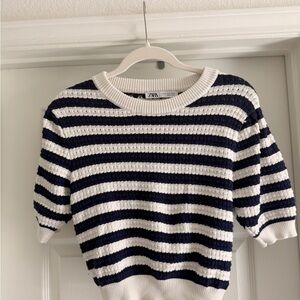 Zara Navy & White Striped Short-Sleeve Crew Sweater